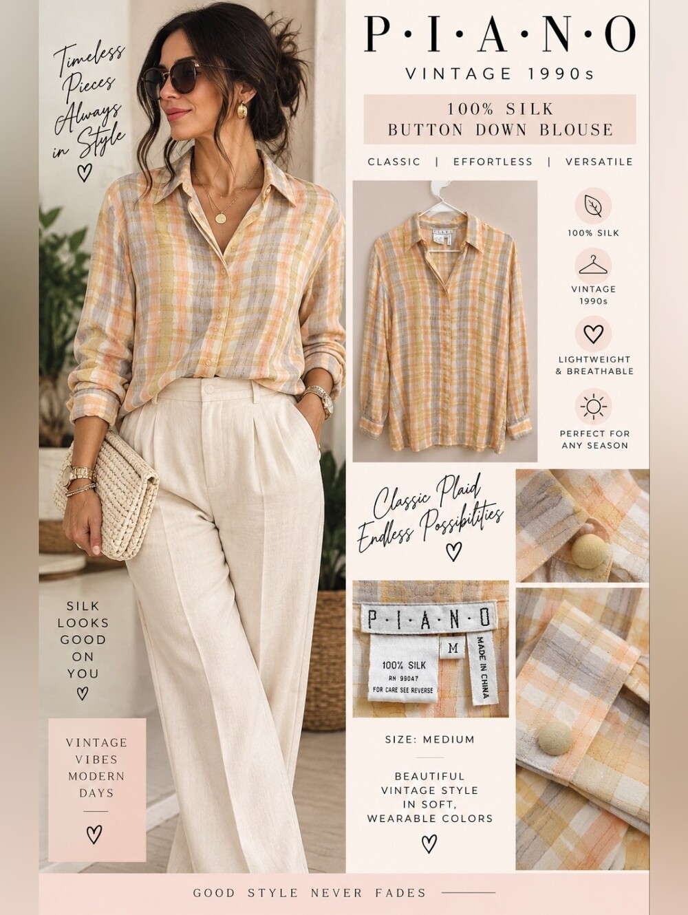 Vintage 100% Silk Plaid Button-Down Blouse in Pastel Yellow